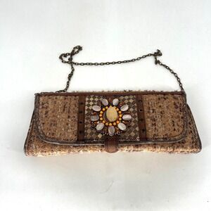 Vtg Mary Frances Brown Tweed Clutch Shoulder Handbag Beaded Rectangle 90s Y2K
